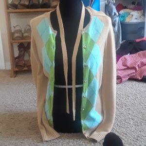 Blue & Green Argyle Print Tan Belted Sweater